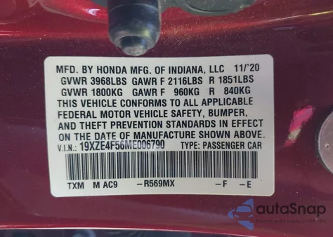 2021 Honda Insight Ex from USA, damaged, VIN 19XZE4F56ME006790